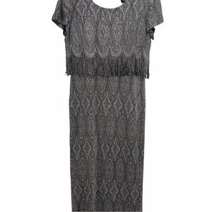 Vintage Cartise Gray Silver Short Sleeve Lace Fringe Maxi Dress Scoop Neck